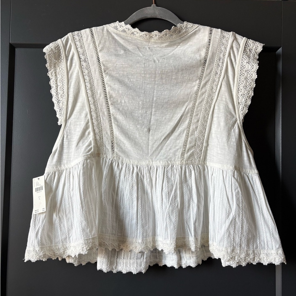 NWT Anthropologie Cream V-Neck Lace-Trim Cropped Peplum Blouse - Picture 3 of 5